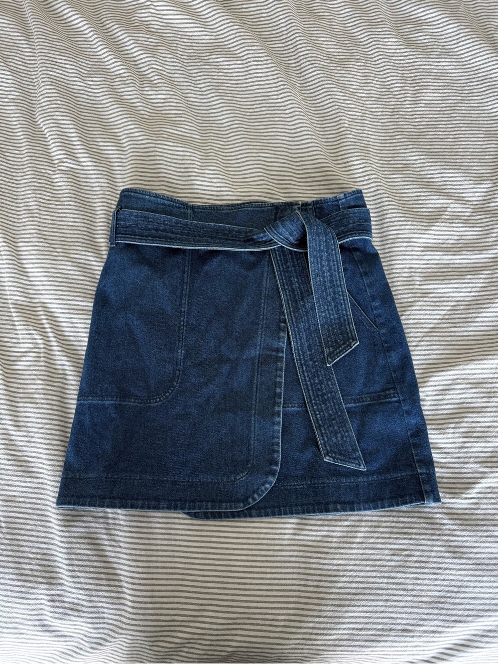 Sezane Dark Blue Denim Wrap Mini Skirt with Tie Belt